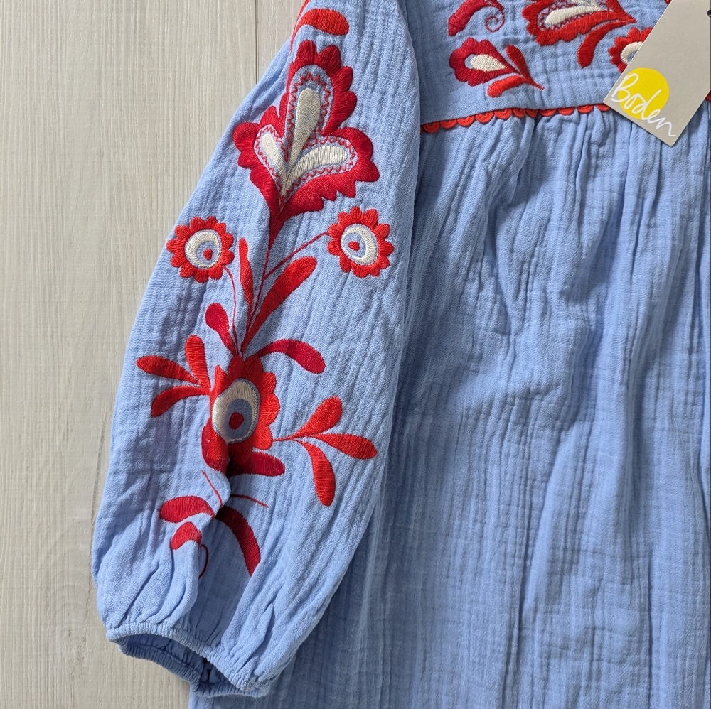 Boden Abigail Embroidered Blouse Top Gauze Floral Boho Blue Crinkle boho - Picture 7 of 11